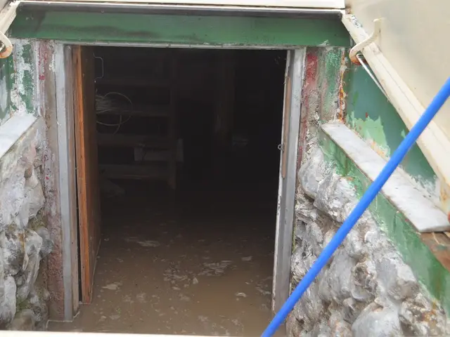 Basement stairs and floor under muddy floodwater